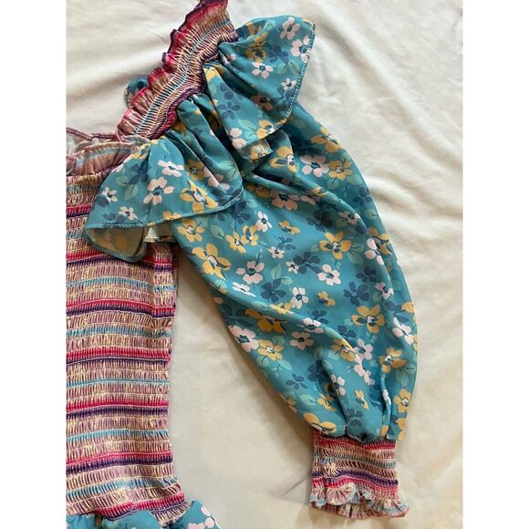 Yvonne & Love Bohemian Puff Sleeve Dress Lg Boho Ruffle Layered Hem Mini - Picture 5 of 9